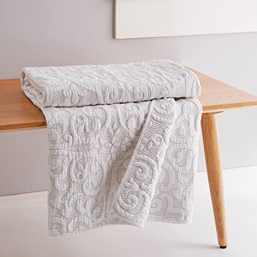 Levtex Home Birch Hill Sherbourne Taupe Stitch Quilted Throw - 50x60in. - Quilted Medallion White with Taupe Stitch - Reversible Pattern - Cotton Front/Microfiber Reverse