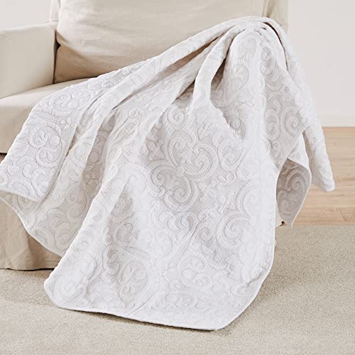 Levtex Home Birch Hill Sherbourne Taupe Stitch Quilted Throw - 50x60in. - Quilted Medallion White with Taupe Stitch - Reversible Pattern - Cotton Front/Microfiber Reverse