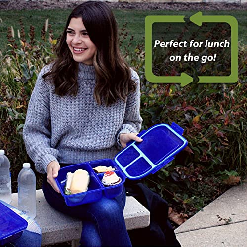 MyGo Container Small To-Go 3-Compartment Food Container, 8" x 8" x 2-1/2", Reusable, Microwave Safe, Smoke/Blue