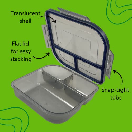 MyGo Container Small To-Go 3-Compartment Food Container, 8" x 8" x 2-1/2", Reusable, Microwave Safe, Smoke/Blue