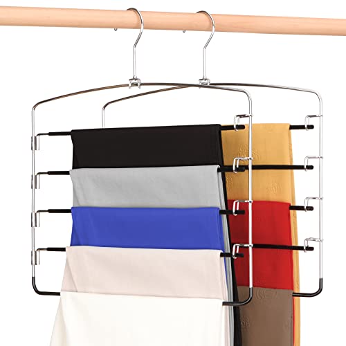 Hangers Space Saving Pants Hanger 2 Packs Non-Slip Stainless Steel Velvet Clothes Hanger, Pant Hangers Space Saving Trousers Scarves Ties Hanger Closet Storage Organizer