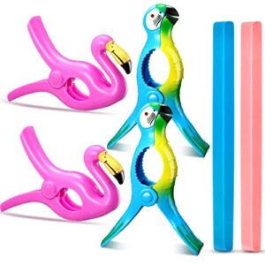 6 pcs beach towel accessories, flamingo beach towel clip parrot towel holder clothes pegs, beach towel bands jumbo size for clothes quilt blanket home patio pool chair