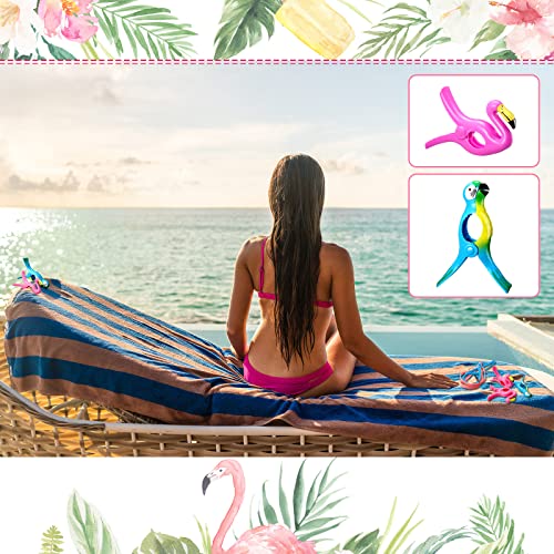 6 Pcs Beach Towel Accessories, Flamingo Beach Towel Clip Parrot Towel Holder Clothes Pegs, Beach Towel Bands Jumbo Size for Clothes Quilt Blanket Home Patio Pool Chair