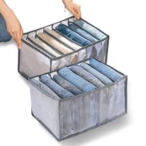 2 pcs jeans organization and storage,7 grids wardrobe clothes compartment organizer storage box,washable foldable portable closet mesh separation box for underwear,leggings,skirts,t-shirts,jeans