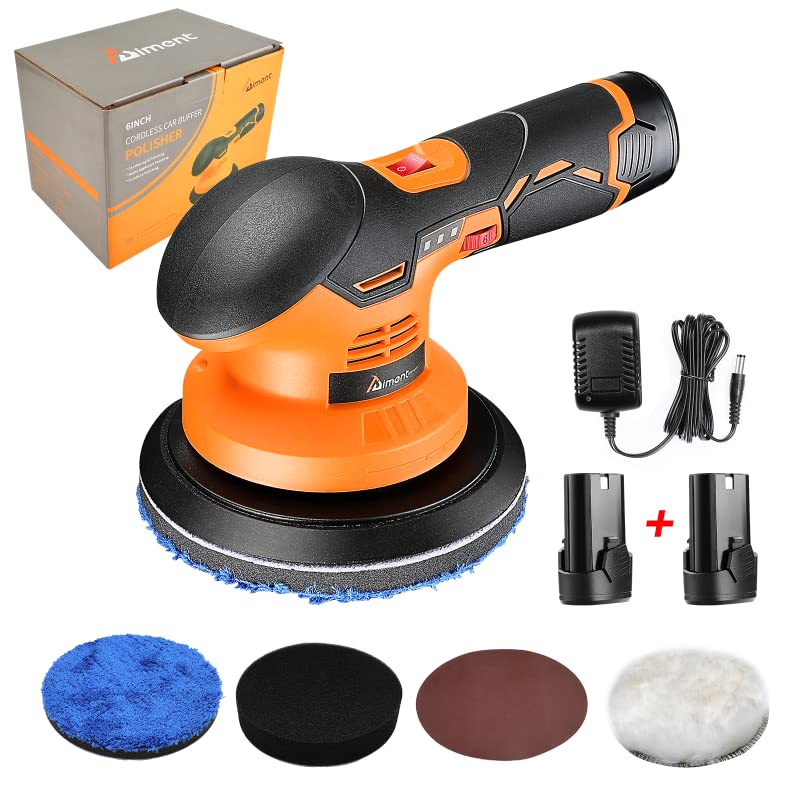 Aiment Cordless Car Buffer Polisher, 6 Inch 5000RPM Cordless Buffer with 2pcs 12V 2.0Ah Rechargeable Battery, 6 Variable Speed, Buffer Polisher Kit for Car Detailing/Car Scratch Repairing