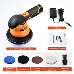 Aiment Cordless Car Buffer Polisher, 6 Inch 5000RPM Cordless Buffer with 2pcs 12V 2.0Ah Rechargeable Battery, 6 Variable Speed, Buffer Polisher Kit for Car Detailing/Car Scratch Repairing