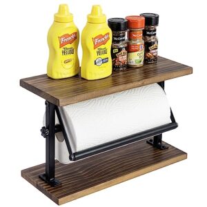 mygift kitchen countertop paper towel holder and condiment display shelf rack, rustic burnt wood and metal towel dispenser with top shelf for bathroom or kitchen