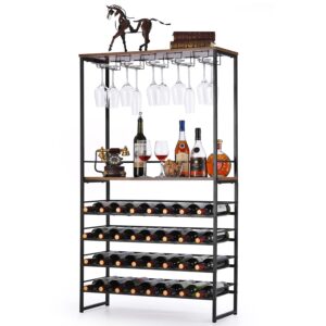 6-tier industrial freestanding wine rack with glass holder & wine storage, wine bakers rack, multi-function coffee home bar furniture for kitchen dining room,55" tall rustic brown