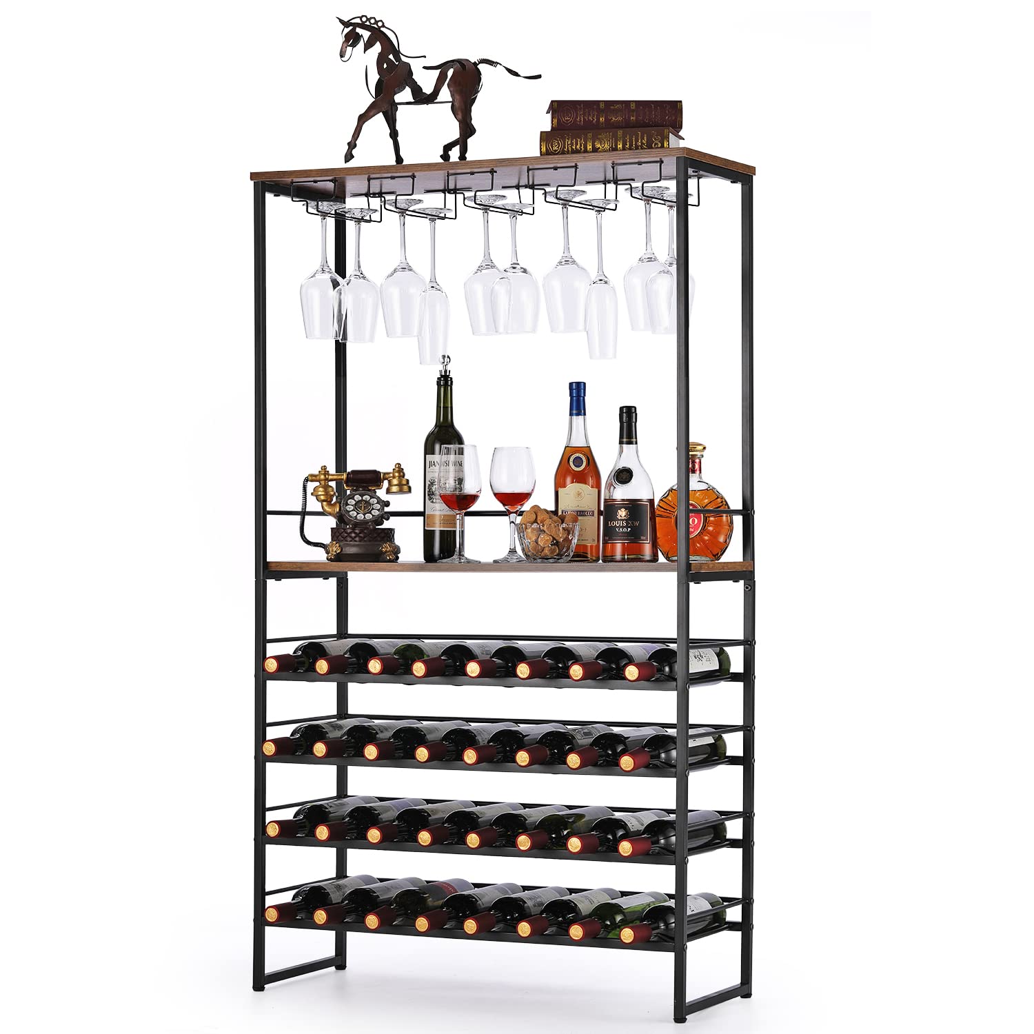 6-Tier Industrial Freestanding Wine Rack with Glass Holder & Wine Storage, Wine Bakers Rack, Multi-Function Coffee Home Bar Furniture for Kitchen Dining Room,55" Tall Rustic Brown