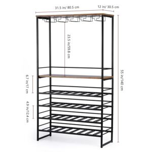 6-Tier Industrial Freestanding Wine Rack with Glass Holder & Wine Storage, Wine Bakers Rack, Multi-Function Coffee Home Bar Furniture for Kitchen Dining Room,55" Tall Rustic Brown