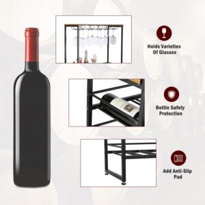 6-Tier Industrial Freestanding Wine Rack with Glass Holder & Wine Storage, Wine Bakers Rack, Multi-Function Coffee Home Bar Furniture for Kitchen Dining Room,55" Tall Rustic Brown