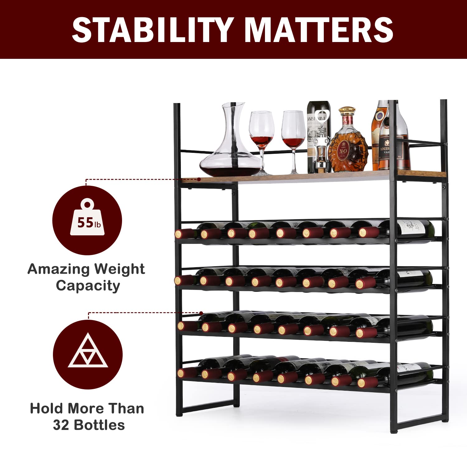 6-Tier Industrial Freestanding Wine Rack with Glass Holder & Wine Storage, Wine Bakers Rack, Multi-Function Coffee Home Bar Furniture for Kitchen Dining Room,55" Tall Rustic Brown