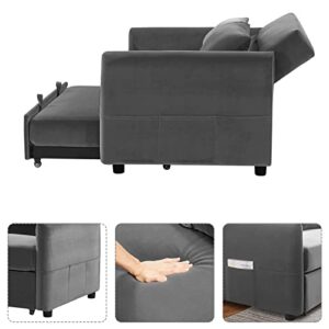 Garhelper Velvet Pull Out Sofa Sleeper,Convertible 3 in 1 Upholstered Loveseat Sleeper Sofa, Adjustable Backrest Save Space Compact Sofa Couch with 2 Lumbar Pillows and Side Pocket for Living Room