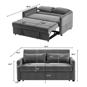 Garhelper Velvet Pull Out Sofa Sleeper,Convertible 3 in 1 Upholstered Loveseat Sleeper Sofa, Adjustable Backrest Save Space Compact Sofa Couch with 2 Lumbar Pillows and Side Pocket for Living Room