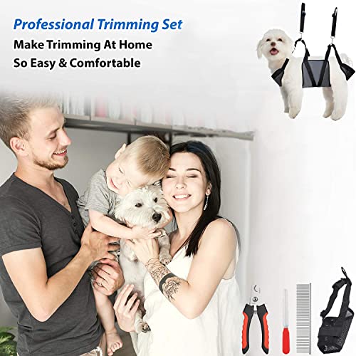 Dog Cat Pet Grooming Hammock Nail Trimming Kit, Dog Hanging Harness Cat Restraint for Nail Clipping, Dog Grooming Sling Hanger Set Supplies with Nail Clipper,Dog Muzzle,Nail File,Metal Comb (Grey-XS)