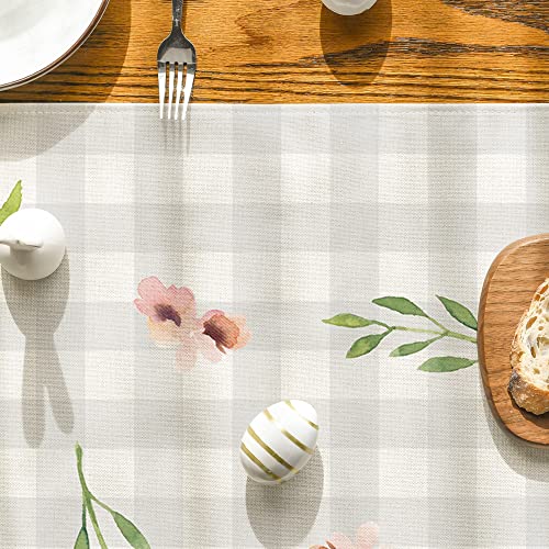 Artoid Mode Buffalo Plaid Bunny Rabbit Ears Flower Easter Table Runner, Spring Summer Seasonal Holiday Kitchen Dining Table Decoration for Indoor Outdoor Home Party Decor 13 x 72 Inch