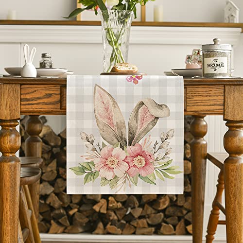 Artoid Mode Buffalo Plaid Bunny Rabbit Ears Flower Easter Table Runner, Spring Summer Seasonal Holiday Kitchen Dining Table Decoration for Indoor Outdoor Home Party Decor 13 x 72 Inch