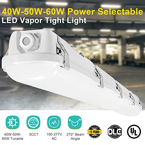 4FT LED Vapor Tight Lights, 3CCT 3000k-4000k-5000k, 60W/50W/40W Wattage Selectable Vapor Proof Light, 5200LM LED Shop Light for Warehouses Car Wash, Walk-in Freezer, 100-277V, UL&DLC Listed (12-Pack)
