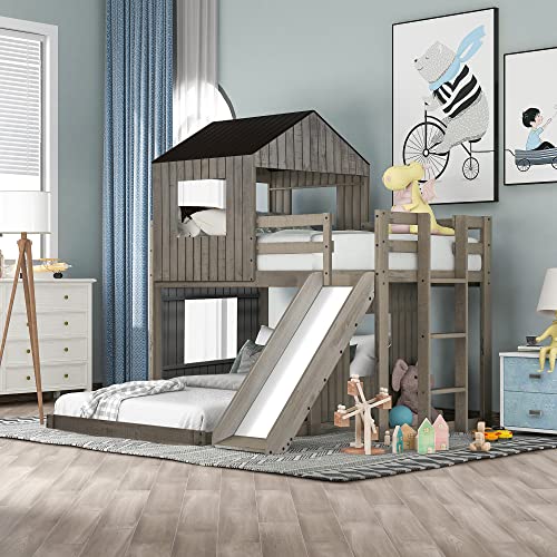 Harper & Bright Designs House Bunk Beds with Slide, Wood Twin Over Full Bunk Beds with Roof and Guard Rail for Kids, Toddlers, No Box Spring Needed (Antique Gray, Twin Loft Bed with Slide)