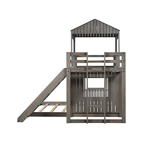 Harper & Bright Designs House Bunk Beds with Slide, Wood Twin Over Full Bunk Beds with Roof and Guard Rail for Kids, Toddlers, No Box Spring Needed (Antique Gray, Twin Loft Bed with Slide)