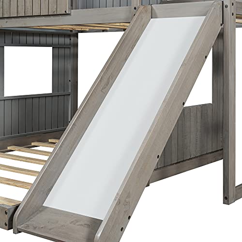 Harper & Bright Designs House Bunk Beds with Slide, Wood Twin Over Full Bunk Beds with Roof and Guard Rail for Kids, Toddlers, No Box Spring Needed (Antique Gray, Twin Loft Bed with Slide)