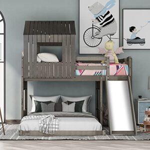 Harper & Bright Designs House Bunk Beds with Slide, Wood Twin Over Full Bunk Beds with Roof and Guard Rail for Kids, Toddlers, No Box Spring Needed (Antique Gray, Twin Loft Bed with Slide)