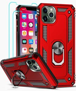 leyi compatible with iphone 11 pro phone case with [2pack] tempered glass screen protector, [military-grade] protective phone cover case with magnetic ring kickstand for iphone 11 pro 5.8 inch, red