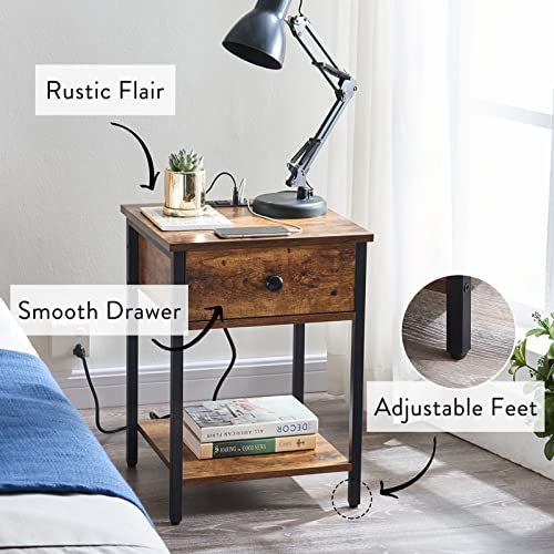 SUPERJARE Nightstand with Charging Station and USB Ports Set of 2, Side Table End Table with Drawer, Open Storage Shelf and Steel Frame, Bedside Table for Small Spaces, Rustic Brown