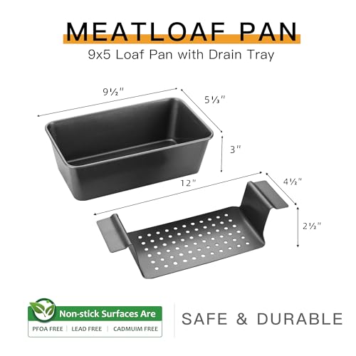 HONGBAKE Meatloaf Pan with Drain Tray, 9 x 5 Inches Loaf Pans with Insert, Nonstick Meat Loaf for Baking, Reduce the Fat and Kick Up the Flavor, Grey