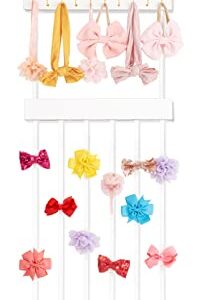 Mkono Bow Organizer for Girls Hair Bows, Hanging Bow Holder Hair Clip Headband Storage Rack with 10 Hooks, Modern Wooden Kids Hair Accessories Organizer for Baby Girl Room Decor, White