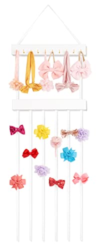 Mkono Bow Organizer for Girls Hair Bows, Hanging Bow Holder Hair Clip Headband Storage Rack with 10 Hooks, Modern Wooden Kids Hair Accessories Organizer for Baby Girl Room Decor, White