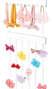 Mkono Bow Organizer for Girls Hair Bows, Hanging Bow Holder Hair Clip Headband Storage Rack with 10 Hooks, Modern Wooden Kids Hair Accessories Organizer for Baby Girl Room Decor, White