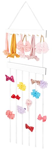 Mkono Bow Organizer for Girls Hair Bows, Hanging Bow Holder Hair Clip Headband Storage Rack with 10 Hooks, Modern Wooden Kids Hair Accessories Organizer for Baby Girl Room Decor, White