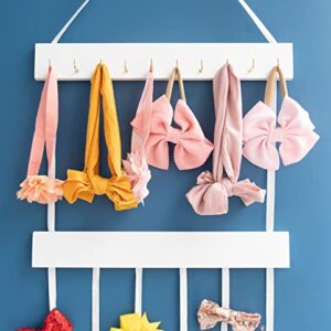 Mkono Bow Organizer for Girls Hair Bows, Hanging Bow Holder Hair Clip Headband Storage Rack with 10 Hooks, Modern Wooden Kids Hair Accessories Organizer for Baby Girl Room Decor, White