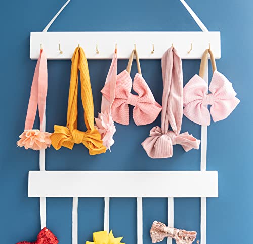 Mkono Bow Organizer for Girls Hair Bows, Hanging Bow Holder Hair Clip Headband Storage Rack with 10 Hooks, Modern Wooden Kids Hair Accessories Organizer for Baby Girl Room Decor, White