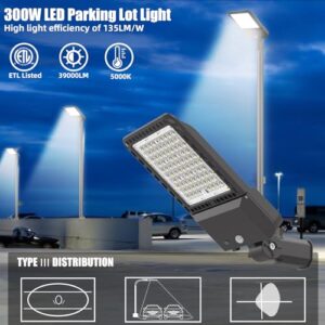 3 Pack 300W LED Parking Lot Lights Adjustable Slip Fitter, 5000K 39000LM (135LM/W) Outdoor Street Lighting with Dusk to Dawn Photocell, IP65 Waterproof Shoebox Pole Light for Stadium Sports