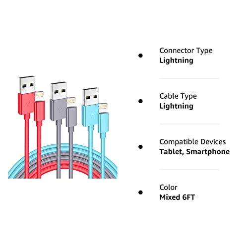 Jeercor Colorful iPhone Charger, MFI Certified Lightning Cable 3PACK 6FT High Speed Data Sync Transfer Charger Cable Compatible with iPhone 13/12/11 Pro Max/XS MAX/XR/XS/X/8/7/Plus/6S/6/SE/5S/iPad …