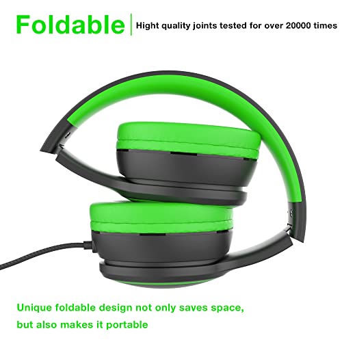 rockpapa E9W On-Ear Headphones with Microphone, Folding Wired Headphones with Mic & 5FT No-Tangle Cord, Portable Stereo Headphones for School Smartphone Computer Tablet Travel Black Green