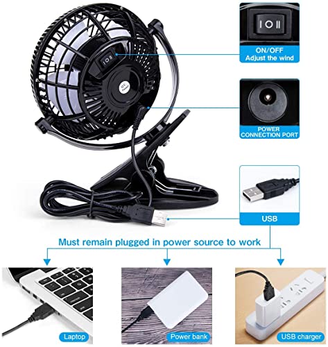 KEYNICE USB Desk Fan, 4 inch Stroller Fan, Mini Clip on Fan, 2 Speed Portable Quiet Fan, 360° Rotate USB Fan for Home, Office and Camping(Black)