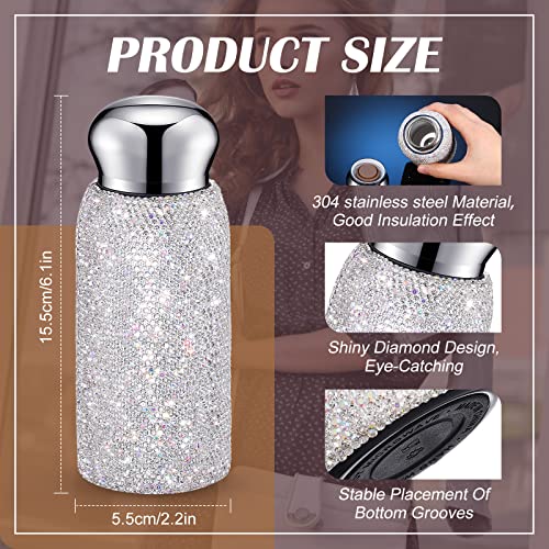 Rhinestone Water Bottle, Bling Diamond Water Bottle, Gifts for Women Stainless Steel Thermal Bottle Refillable Insulated Cup Silver Glitter Water Bottles for Women Bottles for Coffee, 260 ml (White)
