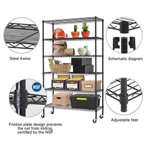 6-Tier Storage Shelf, Wire Shelving Unit NSF Certified Storage Rack 48" W x 18" D x 82" H 2100Lbs Capacity Adjustable Layer Heavy Duty Metal Rack Steel with Casters for Kitchen Garage Pantry Black