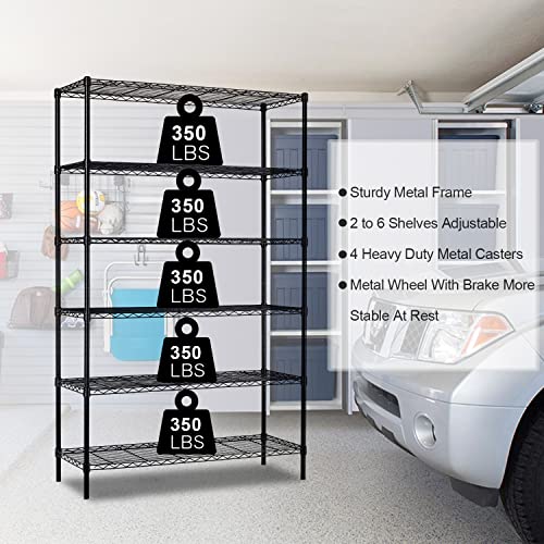 6-Tier Storage Shelf, Wire Shelving Unit NSF Certified Storage Rack 48" W x 18" D x 82" H 2100Lbs Capacity Adjustable Layer Heavy Duty Metal Rack Steel with Casters for Kitchen Garage Pantry Black