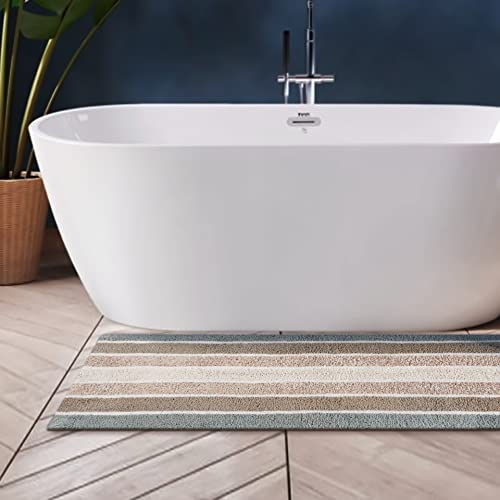 THE BEER VALLEY Alpine Stripe Bath Rug Runner 24x60 Inches Grey Beige - Soft & Absorbent Anti-Slip Long Bathroom Mat - Cotton Rug for Kitchen, Hallway, Bedroom