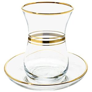 vikko turkish tea glasses & saucers, 4 oz authentic turkish tea cups,set of 6 clear glass tea cups and saucers, gold accented turkish tea cup set, 6 cups and 6 plates