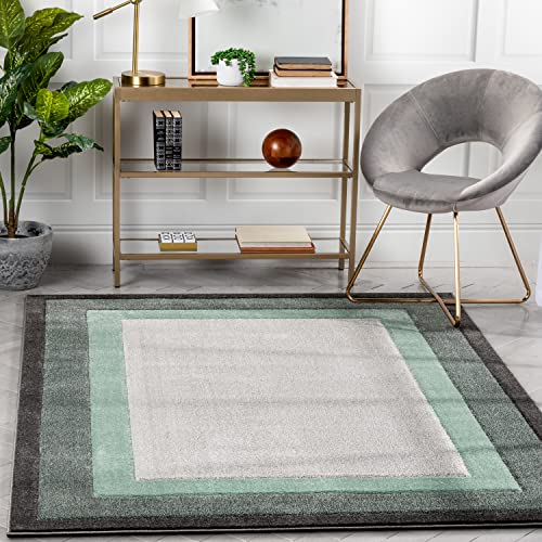 Well Woven Arian Green Solid Border Geometric Modern Area Rug 5x7 (5'3" x 7'3")