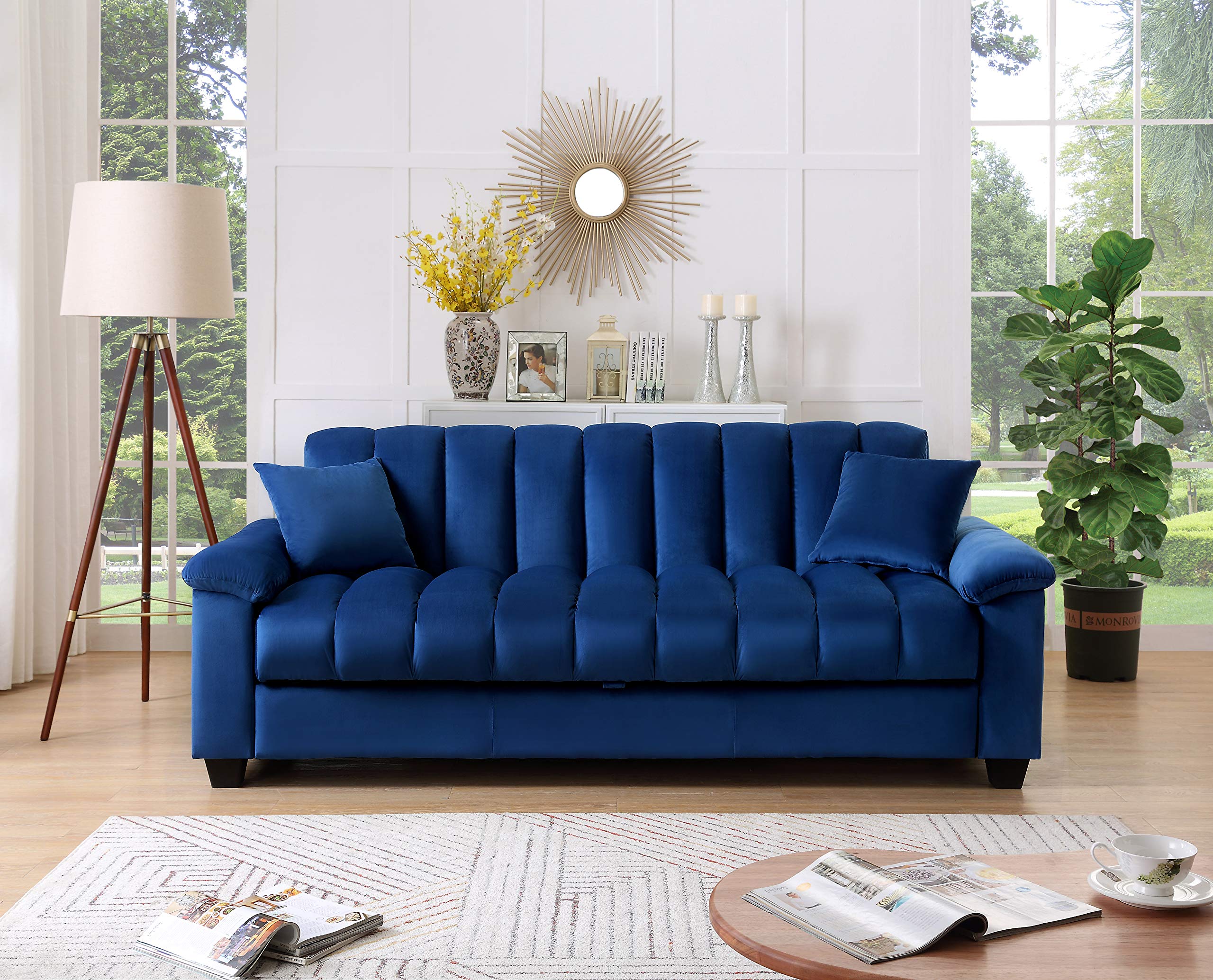 Legend Vansen 83" Convertible Modern Velvet Storage Sleeper Sofa Bed in Blue