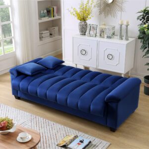 Legend Vansen 83" Convertible Modern Velvet Storage Sleeper Sofa Bed in Blue