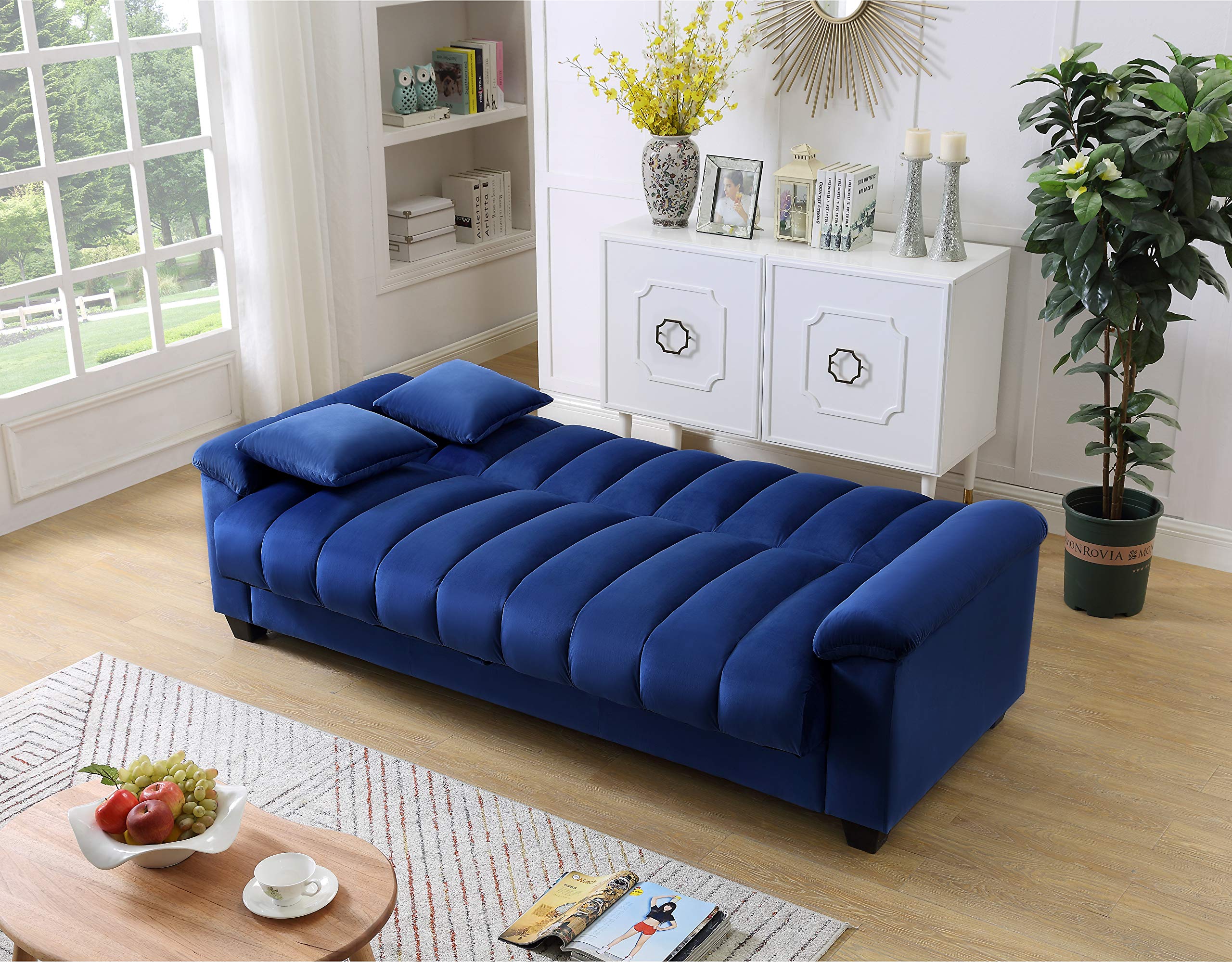 Legend Vansen 83" Convertible Modern Velvet Storage Sleeper Sofa Bed in Blue