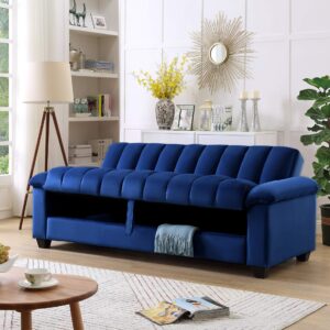 Legend Vansen 83" Convertible Modern Velvet Storage Sleeper Sofa Bed in Blue