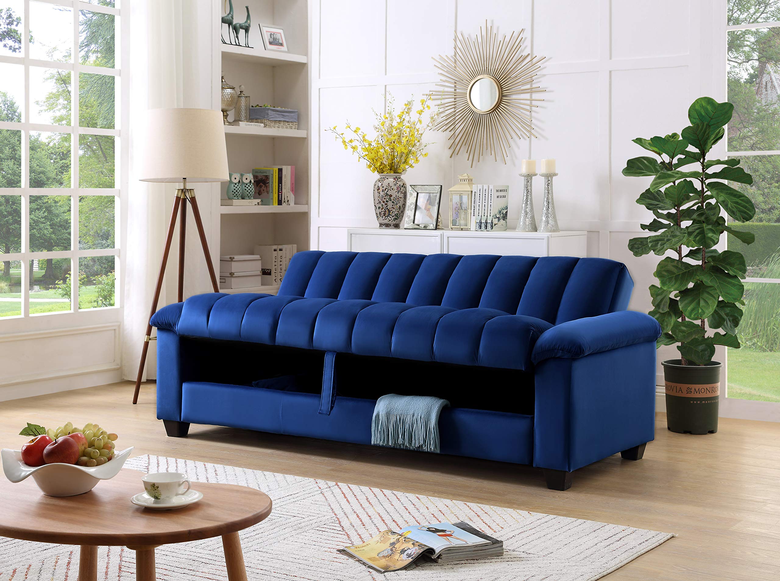 Legend Vansen 83" Convertible Modern Velvet Storage Sleeper Sofa Bed in Blue